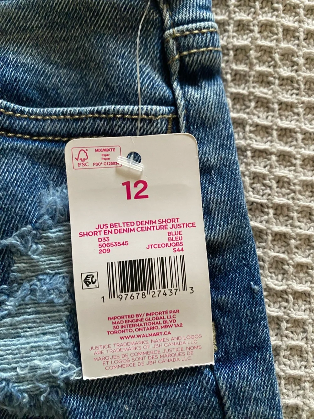 Justice Blue Distressed Denim Bermuda Shorts with Pink-Striped Belt